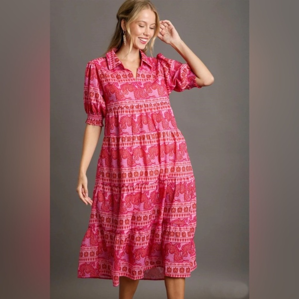 Umgee mixed print a line midi dress in hot pink size S